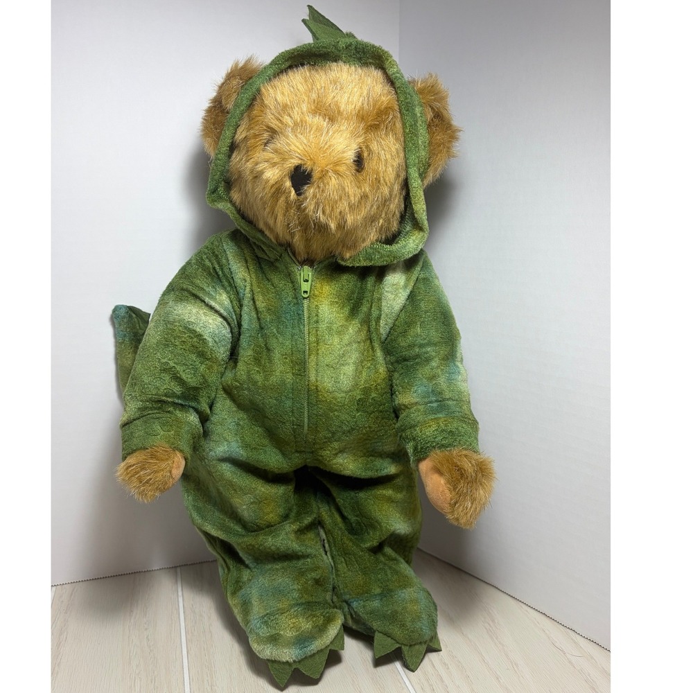 Vermont Teddy Bear Brown Jointed Plush 15" Green Dinosaur Costume Handmade USA